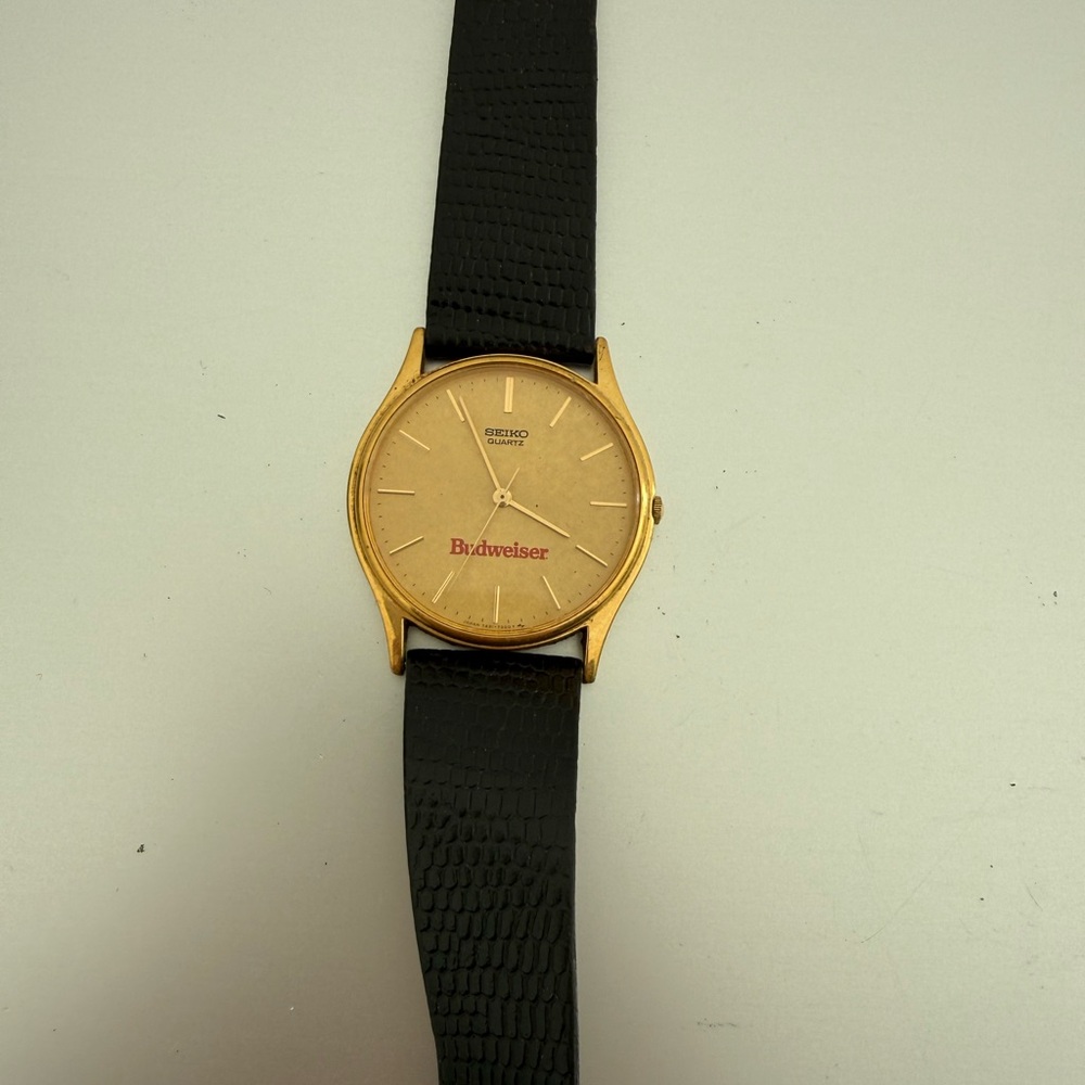 Vintage Seiko Quartz Budweiser Gold Watch Black Leather Strap Water-Resistant